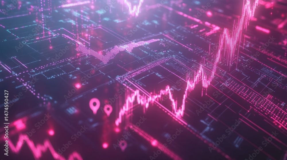 Poster digital market fluctuations analysis virtual environment data visualization tech landscape abstract 