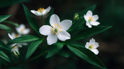 Fototapeta premium Delicate white anemone flowers with bright yellow centers are surrounded by lush green leaves in a tranquil woodland setting creating a serene natural scene.