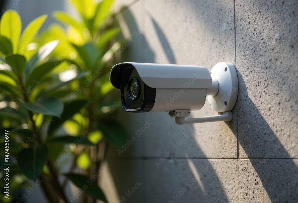 Poster security camera mounted on a wall with greenery in the background