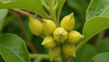 the flower buds swell and turn yellowish, ready to bloom. the surrounding leaves curl slightly in protection