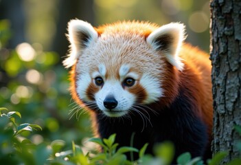 Obraz premium A red panda curiously peeks through lush green foliage in a serene forest