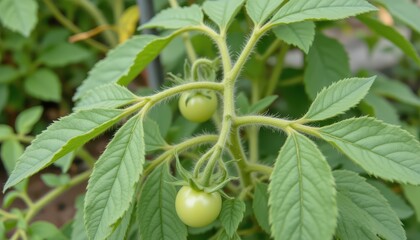 Fototapeta premium the tomato plant shows its first flower buds near the upper branches. they are small, green, and round