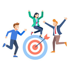 Team achieving success with target graphic depicting business goals and employee celebration