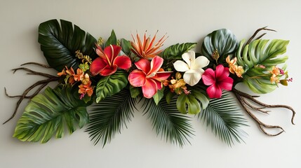An elegant arrangement of tropical foliage on a neutral wall.