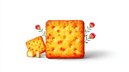 Crispy Cheese Crackers Surrounded by Flowers and Butter Squares on a White Background