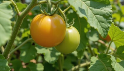 the tomatoes continue to swell and develop glossiness. the surrounding leaves fan out for better sunlight exposure