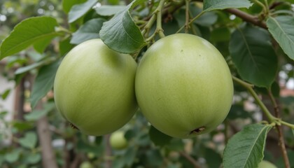 the fruits reach full size but remain green and hard. the skin is smooth with slight veining