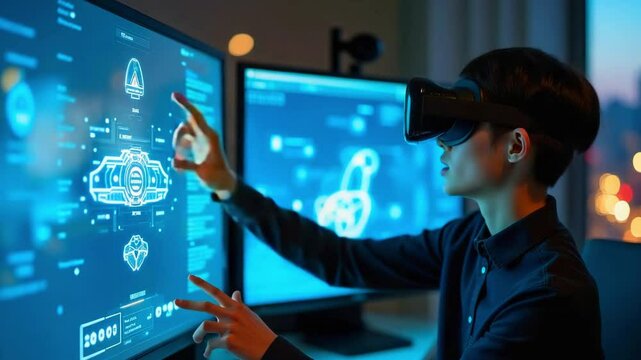 Young person using virtual reality headset to interact with futuristic holographic interface at night - Powered by Adobe