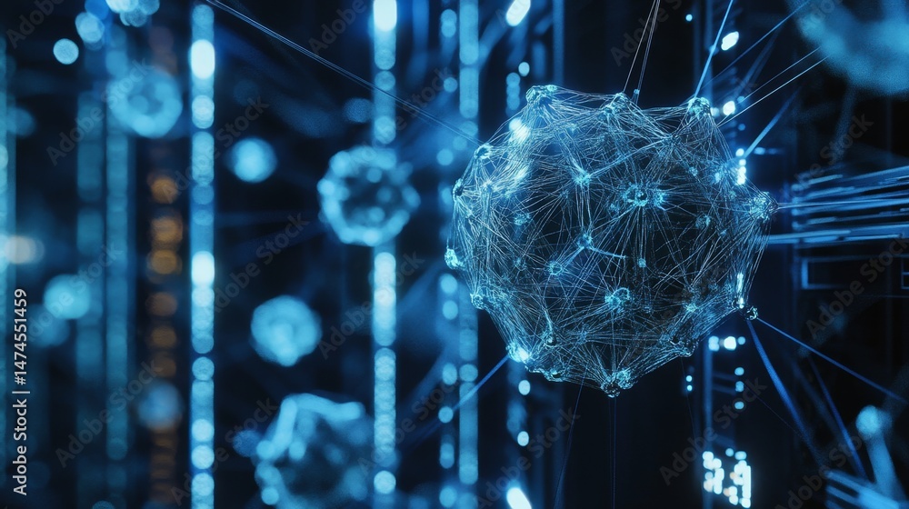Poster exploring quantum technology innovations in data networks digital space visual art high-tech environ