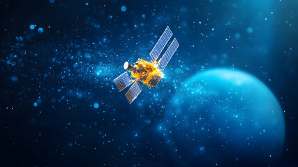 A satellite orbits a celestial body in a deep space setting, surrounded by shimmering particles