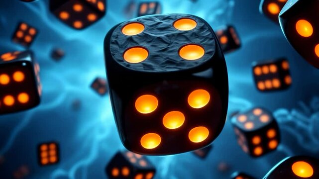 Glowing dice roll through a vivid atmosphere, highlighting illumination and energetic motion against a vibrant background