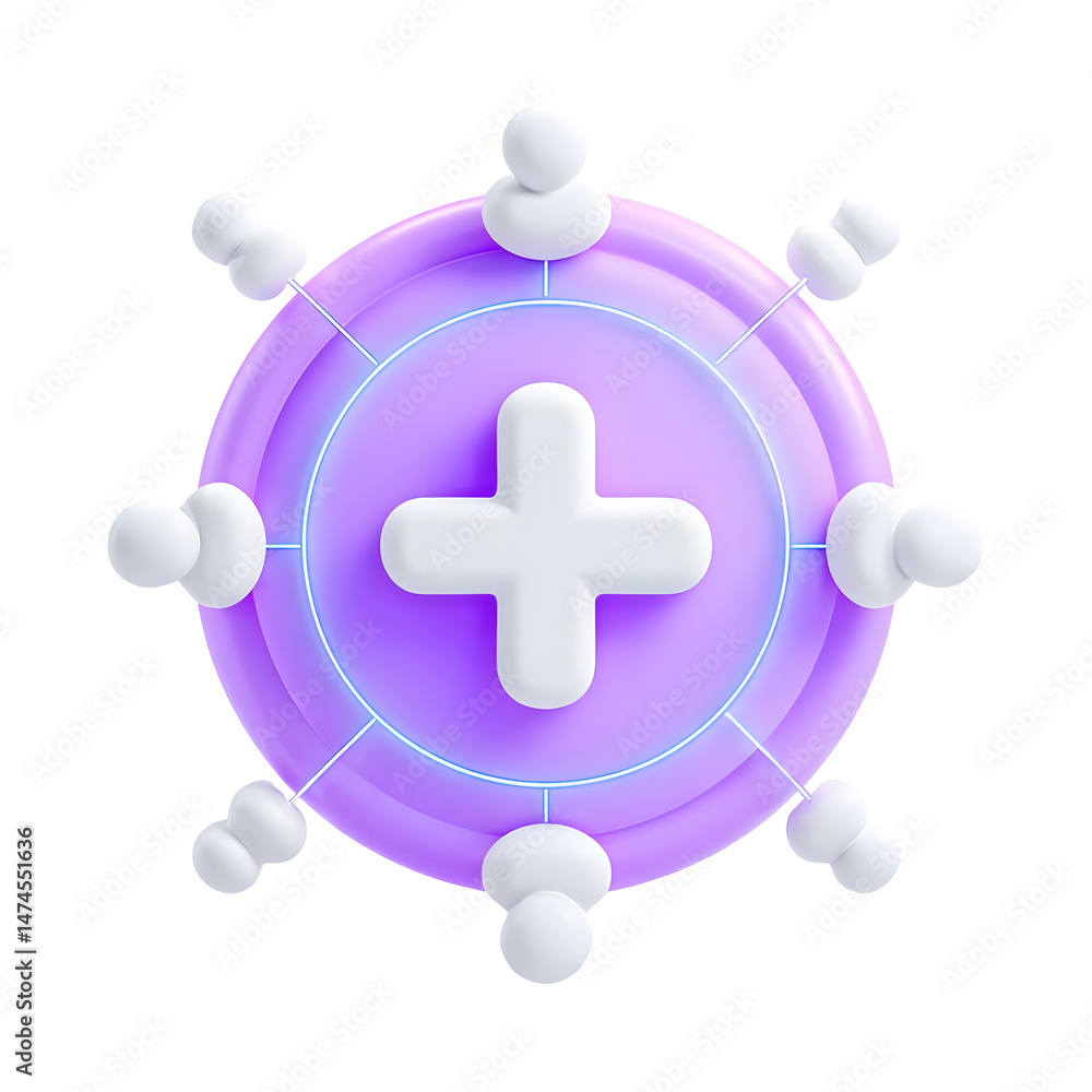 Aufkleber 3d of a white glowing healthcare cross symbol in a purple circular bubble representing connection an