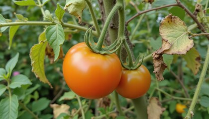 a few ripe tomatoes are ready for harvest, slightly softened to the touch. the leaves begin to fade and dry near the base