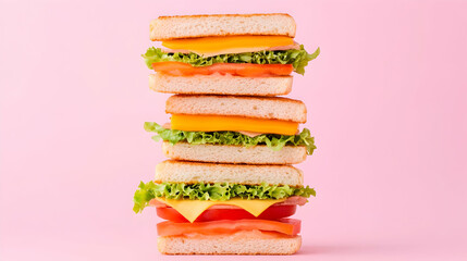 A stack of three delicious sandwiches with ham, cheese, tomato, and lettuce on light bread against a pink background