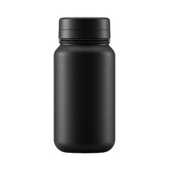 Matte black bottle with rounded shoulders and a simple cap, isolated on a black background