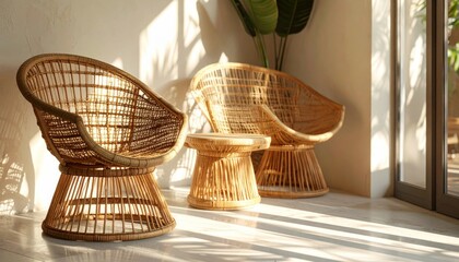 Fototapeta premium Cozy Rattan Chairs in Sunlit Living Room with Natural Elements