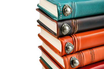 Stack of colorful leather-bound journals with metallic accents