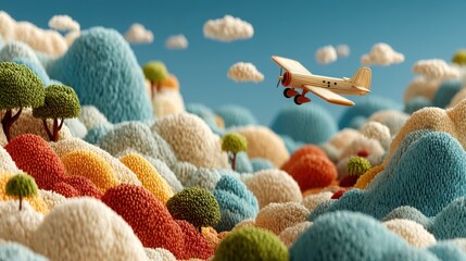 cartoon airplane flying in the blue sky with clouds over the trees and stones seamless looped 3d animation,photo stocks