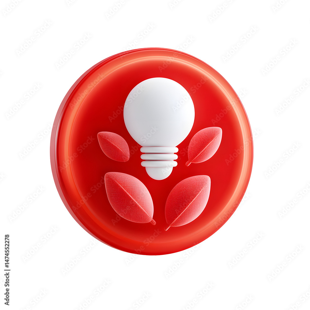 Poster a 3d minimalist icon depicting a red circular bubble with a white light bulb and bolt shape rising f