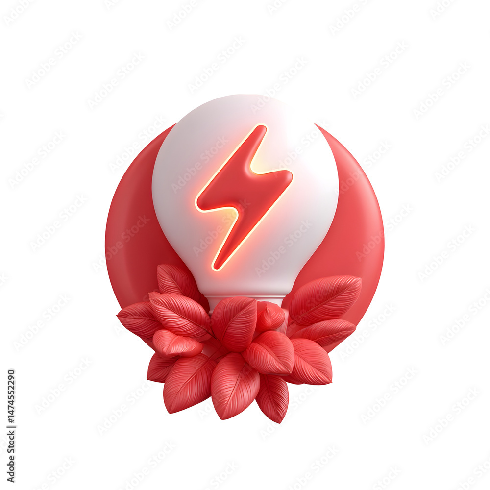 Poster A 3D rendered image depicting a glowing white spherical icon with a red circular bubble and a bolt or lightning symbol rising from a cluster of botanical leaves in a minimalist abstract design