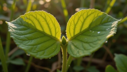 the cotyledons spread fully open as sunlight begins photosynthesis. a new central bud appears between them