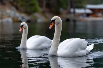 Obraz premium Two beautiful swans gracefully swim in a serene lake, showcasing their elegant forms against a peaceful natural backdrop, ideal for tranquil and nature-themed visuals.