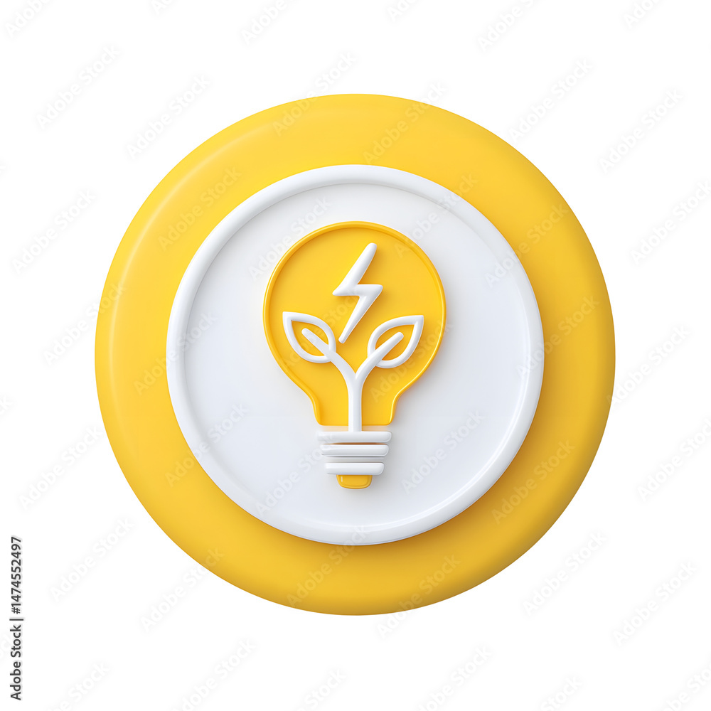 Poster minimalist circular icon featuring a white glowing lightbulb symbol with a leaf and electrical bolt 