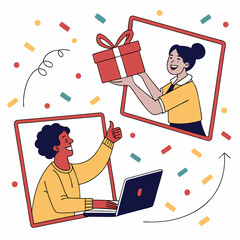 Online celebration with a gift exchange portrayed by two people using a laptop and a video call