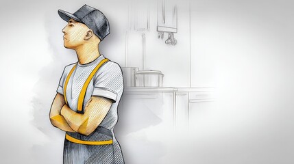 Young Male Chef in Kitchen with Arms Crossed and Focused Expression on Light Background