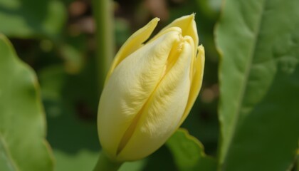 the flower bud grows and begins to open, revealing pale yellow tips. the sepals start to pull back
