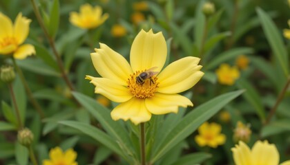 Obraz premium pollination occurs as the flower is visited by a bee. the stamens show fine yellow pollen