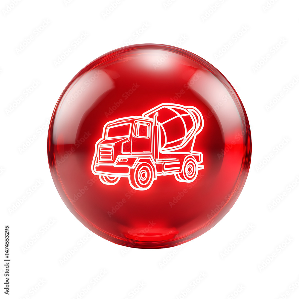 Poster a minimalist 3d of a red glass sphere containing a white icon depicting a concrete mixer truck in mo