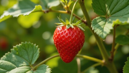the ripe strawberry hangs from a short stem, glowing under natural light. it's surrounded by healthy leaves.