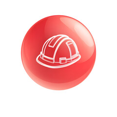 Fototapeta premium A minimalist 3D icon depicting a white construction hard hat within a glossy reflective red spherical shape on a plain white background symbolizing safety and protection in the construction industry