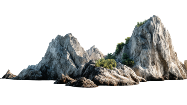 Rocky mountain landscape with greenery on a transparent background