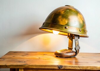 Military Helmet Table Lamp: Unique Vintage Industrial Desk Light on Rustic Wood