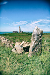 Lighthouse of Cap Levi at the Channel coast, Cotentin peninsula, Normandy. Vintage processing.