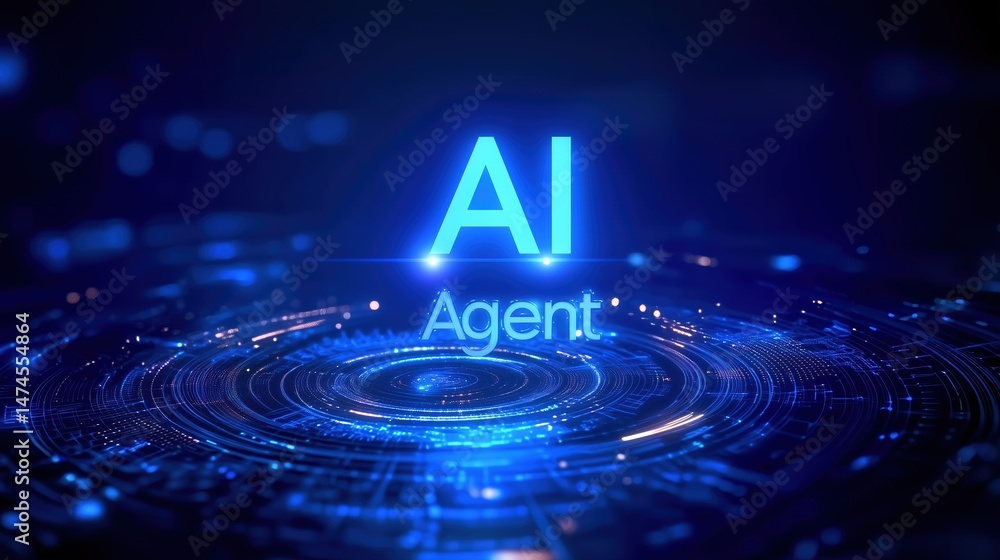 Poster 3D illustration of a glowing holographic interface displaying 