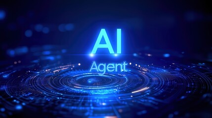 3D illustration of a glowing holographic interface displaying "AI agent" text in vibrant blue tones, floating above a futuristic digital background with circular patterns and dynamic motion lines. Abs