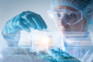 Female Scientist Conducting Research with a Cityscape Overlay Depicting Future Innovations
