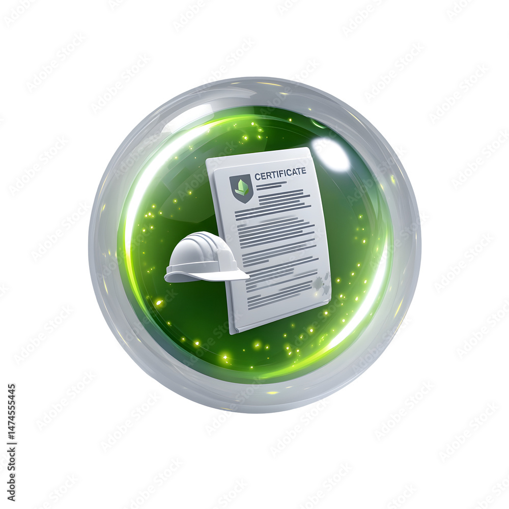 Leinwandbilder a circular 3d bubble with a glowing white icon depicting a certification document and protective hel