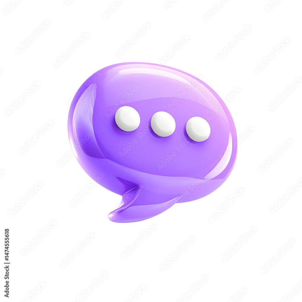 Poster a vibrant purple three dimensional bubble icon with glowing white message and three dots representin
