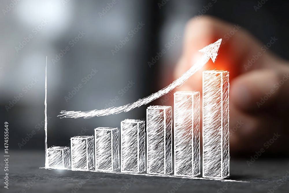 Poster hand pointing to a business graph with ascending bars demonstrating progress and growth on a corpora
