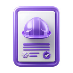 Fototapeta premium Purple 3D icon featuring a glowing white engineering certificate with a front facing safety helmet conveying professionalism and qualification in the construction or industrial sectors