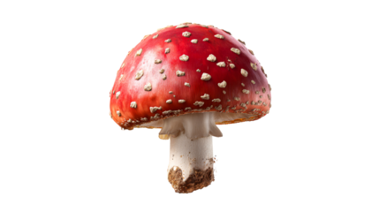 Vibrant red mushroom with white spots on transparent background