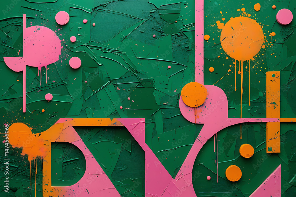 Poster abstract textured artwork featuring vivid green background with geometric shapes and splashes.