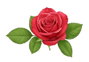 A vibrant red rose blossom with green leaves on white