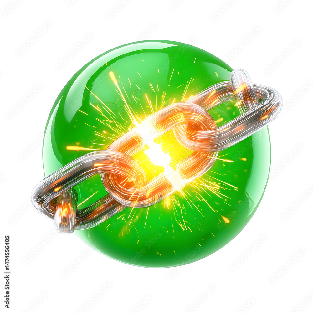 Poster Vibrant 3D rendered green energy sphere with a glowing white chain link in the process of breaking apart accompanied by dynamic sparks and motion effects creating a sense of power and transformation