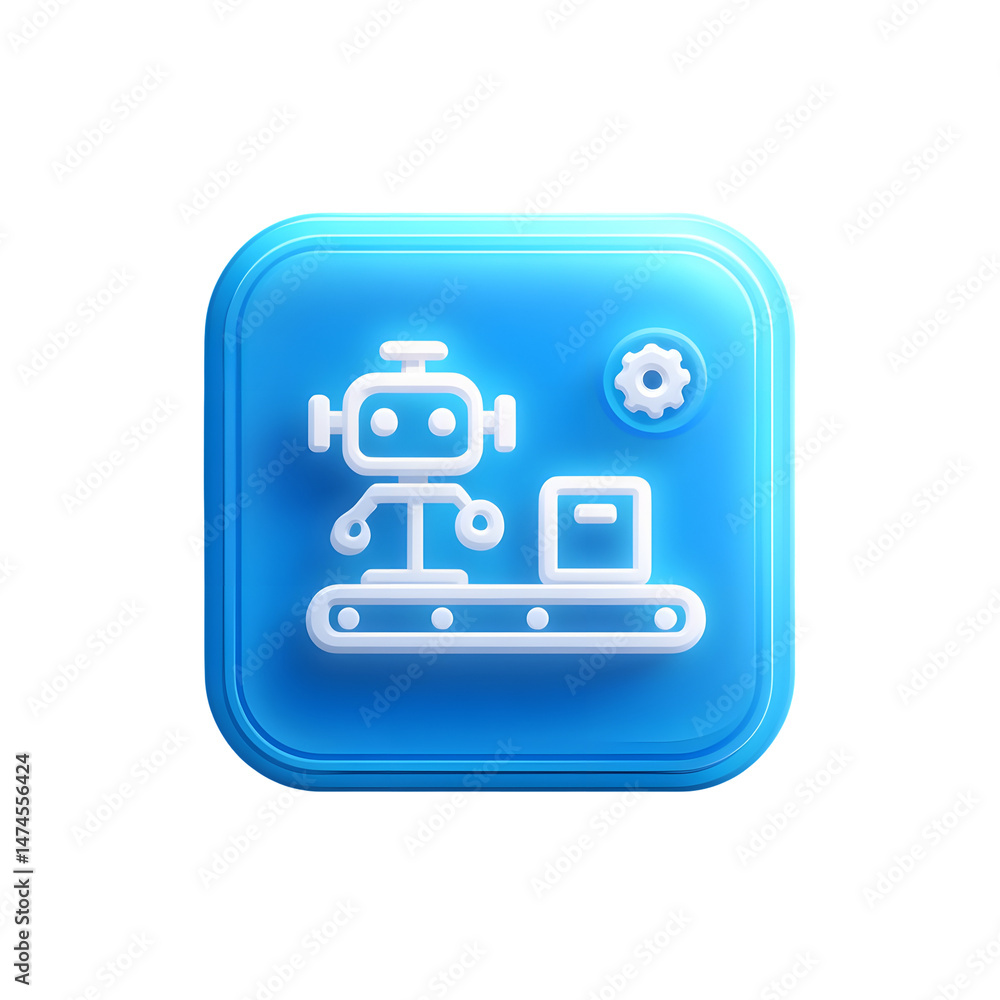 Fototapete glowing blue 3d icon featuring a white robot and conveyor belt representing automated package proces