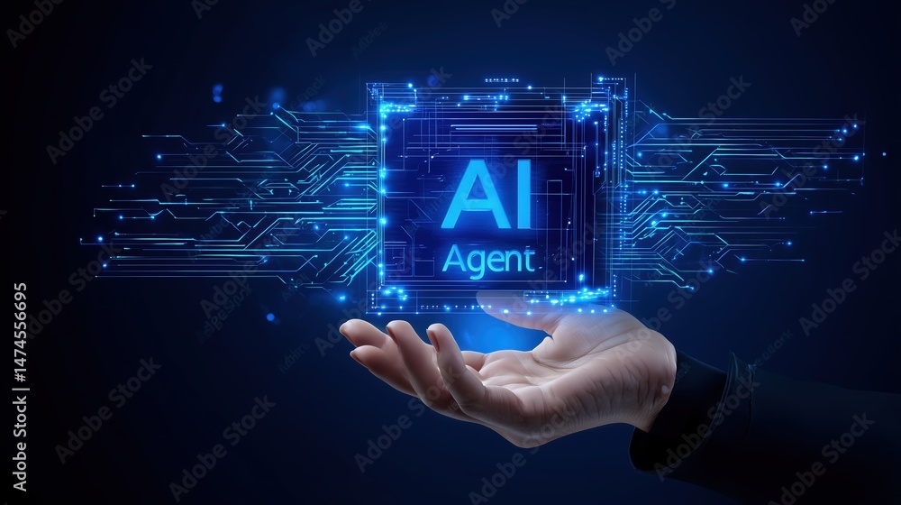Poster 3D illustration of a glowing holographic interface displaying 